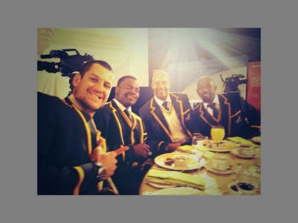 The boys in the photograph... Springboks Pierre Spies, Chilliboy Ralepelle, JP Pietersen and Siya Kolisi at the Nelson Mandela Sports and Culture Day launch. (Photo courtesy of Pierre Spies)