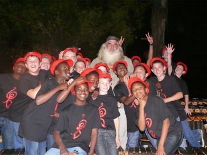 Africans unite... Marimba band members show enthusiasm for Kingsley Holgate.