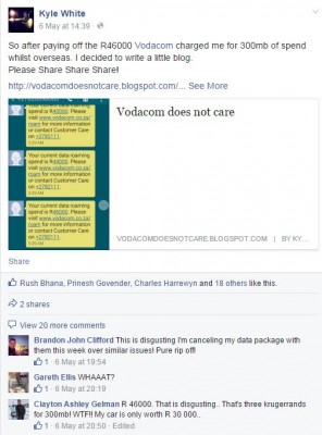 SOCIAL MEDIA: Kyle White's Facebook post about his experience with Vodacom.