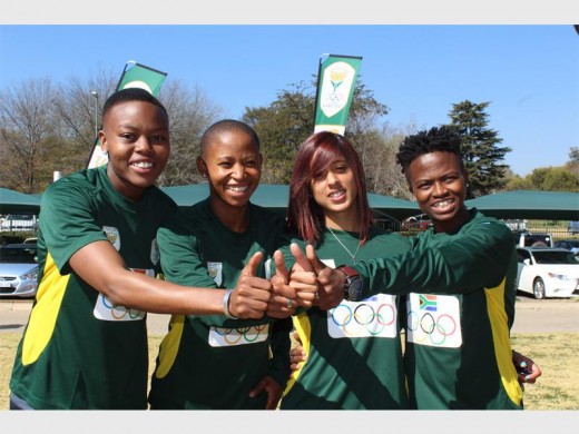 Nomathemba Ntsibande, Chantelle Esau, Robin Moodley and Mamello Makabane from Banyana Banyana, celebrate as they are announced as part of the South African Olympic team.