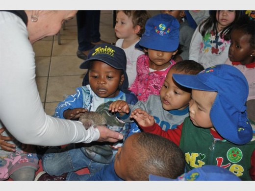 Cameron Seroka, Lemar van der Merwe and Qinquan Shi interact with one of the animals.