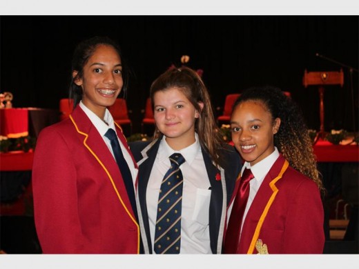 Award winners, Michaela Francis, full colours for touch rugby; Cheyenne Weeks, half-colours for water polo and Kamillah Eichhorn, merit award. Visual Arts.